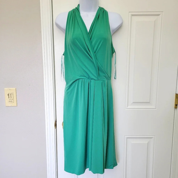 The Limited Jade Green Faux Wrap Halter Dress Button Back Neck Lined  Size M - Picture 1 of 13